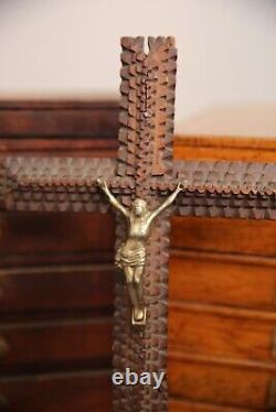 Antique Tramp Art Wood Carving Crucifix Cross Folk Art Cigar Boxes Vintage