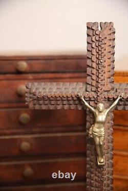 Antique Tramp Art Wood Carving Crucifix Cross Folk Art Cigar Boxes Vintage