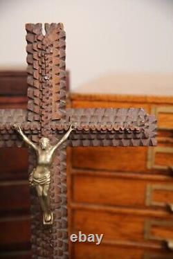 Antique Tramp Art Wood Carving Crucifix Cross Folk Art Cigar Boxes Vintage