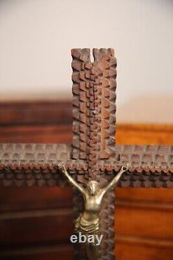 Antique Tramp Art Wood Carving Crucifix Cross Folk Art Cigar Boxes Vintage