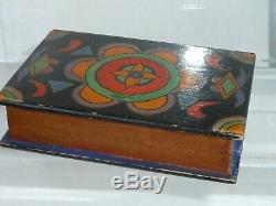 Antique Treen Wood Book Secret Drawer Puzzle Box Folk Art Painted Wooden Carved
