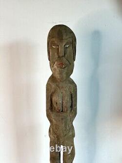 Antique Tribal Folk Art Wood Women Figure Carving Sculpture 30 Tall