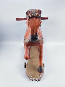 Antique VTG Horse Wood Carousel Hand Painted Carved with Iron Wheels Vintage