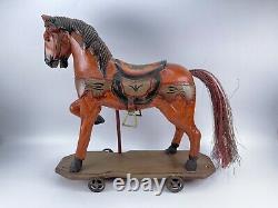 Antique VTG Horse Wood Carousel Hand Painted Carved with Iron Wheels Vintage