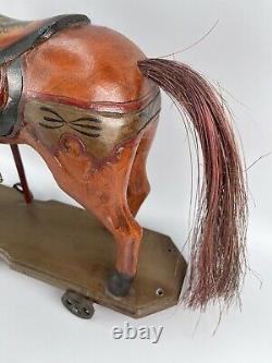 Antique VTG Horse Wood Carousel Hand Painted Carved with Iron Wheels Vintage