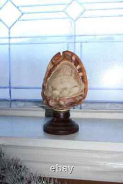 Antique Victorian Carved Seashell on Wood Stand Old Folk Art