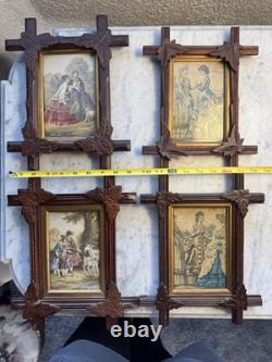 Antique Victorian Folk Art Carved Wood Frames Set of 4 w Prints c1870