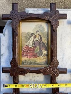 Antique Victorian Folk Art Carved Wood Frames Set of 4 w Prints c1870