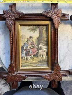 Antique Victorian Folk Art Carved Wood Frames Set of 4 w Prints c1870