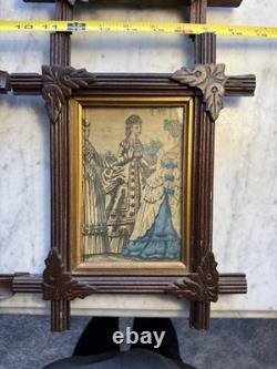 Antique Victorian Folk Art Carved Wood Frames Set of 4 w Prints c1870