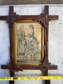 Antique Victorian Folk Art Carved Wood Frames Set of 4 w Prints c1870