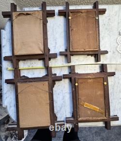 Antique Victorian Folk Art Carved Wood Frames Set of 4 w Prints c1870