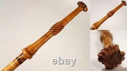 Antique Victorian Folk Art Hand Carved Wood 38.25 Parasol Walking Stick Cane