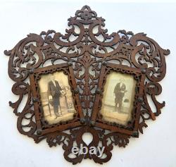 Antique Victorian Fretwork Carved Wood Double Photo Frame orig CDV, folk art