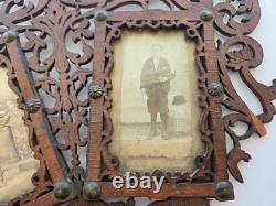 Antique Victorian Fretwork Carved Wood Double Photo Frame orig CDV, folk art