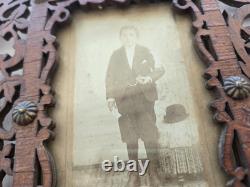 Antique Victorian Fretwork Carved Wood Double Photo Frame orig CDV, folk art