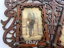 Antique Victorian Fretwork Carved Wood Double Photo Frame orig CDV, folk art