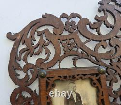 Antique Victorian Fretwork Carved Wood Double Photo Frame orig CDV, folk art