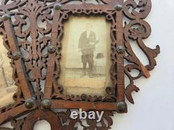Antique Victorian Fretwork Carved Wood Double Photo Frame orig CDV, folk art