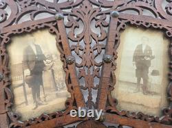 Antique Victorian Fretwork Carved Wood Double Photo Frame orig CDV, folk art