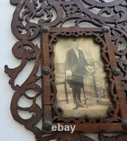 Antique Victorian Fretwork Carved Wood Double Photo Frame orig CDV, folk art