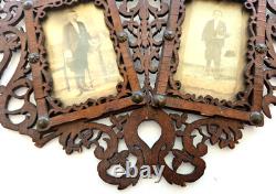 Antique Victorian Fretwork Carved Wood Double Photo Frame orig CDV, folk art