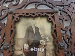 Antique Victorian Fretwork Carved Wood Double Photo Frame orig CDV, folk art