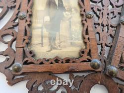Antique Victorian Fretwork Carved Wood Double Photo Frame orig CDV, folk art