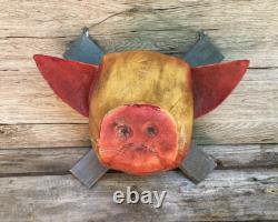 Antique Vintage 20th C 1930s Folk Art Carved Wooden Hogs Pigs Head Butcher Shop