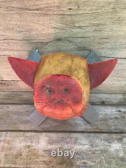 Antique Vintage 20th C 1930s Folk Art Carved Wooden Hogs Pigs Head Butcher Shop