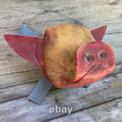 Antique Vintage 20th C 1930s Folk Art Carved Wooden Hogs Pigs Head Butcher Shop