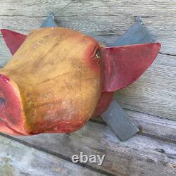 Antique Vintage 20th C 1930s Folk Art Carved Wooden Hogs Pigs Head Butcher Shop