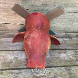 Antique Vintage 20th C 1930s Folk Art Carved Wooden Hogs Pigs Head Butcher Shop