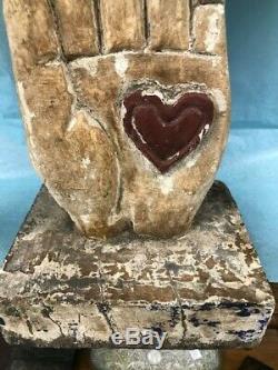 Antique/Vintage Carved, Wood Folk Art Heart-in-Hand