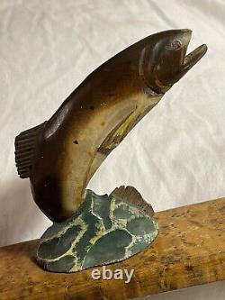 Antique Vintage Folk Art Carved Painted Wooden Fish Rainbow Trout Sculpture