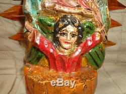Antique/Vintage Folk Art Wood Carved Our Lady of Guadalupe Statue