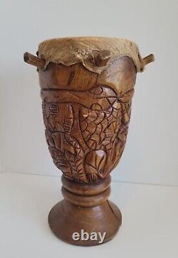 Antique Vintage Hand Carved Peg Animal Skin Wood Bongo Drum African Folk Art