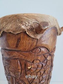 Antique Vintage Hand Carved Peg Animal Skin Wood Bongo Drum African Folk Art