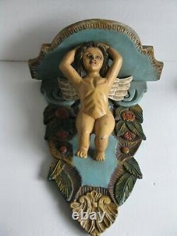 Antique Vintage Hand Carved Wood Cherub Angel Putti Folk Art Wall Shelf Sconce