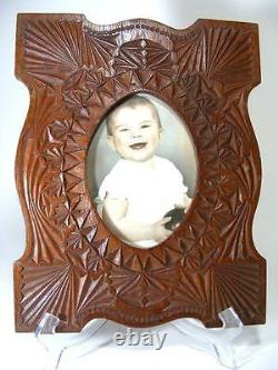 Antique Vintage Wooden Chip Carved Folk Tramp Art Photo Picture Frame Hand Made