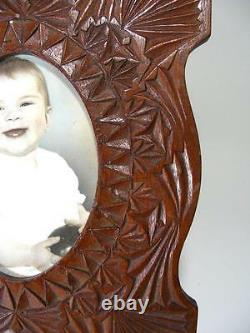 Antique Vintage Wooden Chip Carved Folk Tramp Art Photo Picture Frame Hand Made