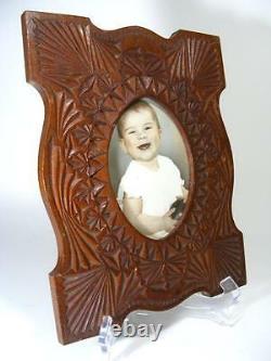 Antique Vintage Wooden Chip Carved Folk Tramp Art Photo Picture Frame Hand Made