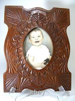 Antique Vintage Wooden Chip Carved Folk Tramp Art Photo Picture Frame Hand Made