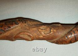 Antique Vtg 1910s WWI Folk Trench Art Carved Wooden Snake Cane Sounenir Verdun