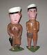 Antique Vtg 1940s Two Folk Art Carved Wooden Figures Man Woman Army Uniforms
