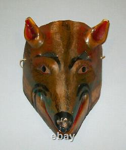 Antique Vtg 19th C 1800s Folk Art Hand Carved Wooden Fox Head Mask Great Paint