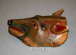 Antique Vtg 19th C 1800s Folk Art Hand Carved Wooden Fox Head Mask Great Paint