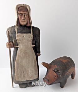 Antique / Vtg Carved Wood Folk Art Figures Amish or Mennonite Woman with Pig