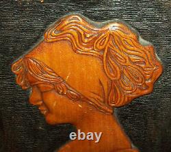 Antique Vtg Dated 1913 Folk Art Carved Wood Portrait Plaque Woman Great Surface