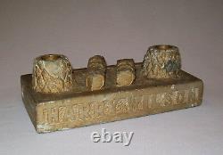 Antique Vtg Dated 1928 Folk Art Hand Carved Stone Inkwell Inkstand Signed W Real